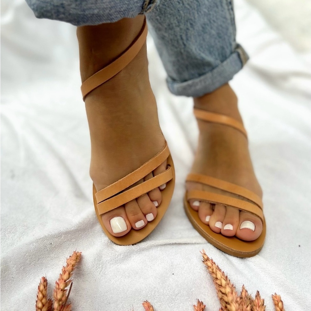 Genuine Greek Natural Tan Leather Strappy Ankle Wrap Sandals - Women